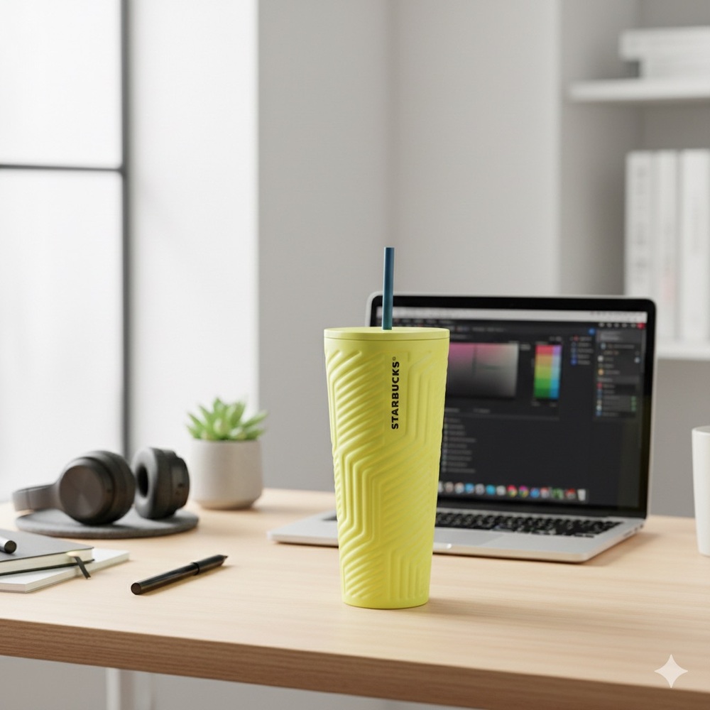 NWT Starbucks 2024 Winter Neon Yellow Angular Soft Touch Tumbler 24oz